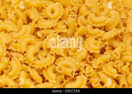 Getrocknete Makkaroni-Jakobsmuscheln. Pasta vermicelli Textur, Nudeln Hintergrund. Draufsicht. Stockfoto