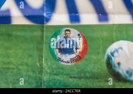 Aufkleber der italienischen Fußballlegende Roberto Baggio ehemaliger Spieler der italienischen Nationalmannschaft, Juventus, Inter, Mailand Stockfoto