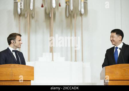 Ulaanbaatar, Mongolei. Mai 2023. Emmanuel Macron besucht die Mongolei zum ersten Mal. Er sprach während einer Pressekonferenz. Credi Stockfoto