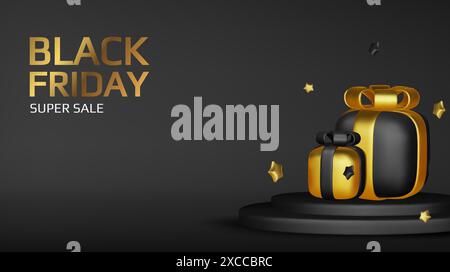 Black Friday Superangebot. Promo-Hintergrund mit realistischen 3D-Comic-Elementen, schwarzem Megaphon und Prozentsymbolen. Werbebanner, Webposter Stock Vektor