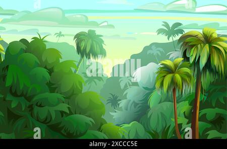 Sie wächst dicht und undurchdringlich. Dschungelwald. Palmen und tropische Pflanzen. Südliches Dickicht. Blick auf die Natur. Wunderschöner, lustiger Cartoon-Stil. Spaß Stock Vektor