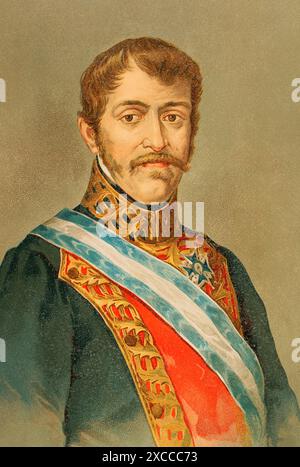 Carlos María Isidro de Borbón (1788–1855), bekannt als Don Carlos. Infante von Spanien, der erste Karlist, der als Carlos V. Portrait den spanischen Thron bekleidet. Chromolithographie. Historia de la guerra Civil y de los partidos liberal y carlista (Geschichte des Bürgerkriegs und der liberalen und karlistischen Parteien), von Antonio Pirala. Band I. Madrid, 1889. Stockfoto