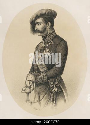 Tomás Zumalacárregui (1788-1835). Spanisches Militär. Bei Ausbruch des Ersten Carlist-Krieges (1833–1840) trat er in die Armee des Prätendenten Don Carlos ein und erreichte den Rang eines Generals. Er starb während der Belagerung der Stadt Bilbao. Hochformat. Lithographie. Historia de la guerra Civil y de los partidos liberal y carlista (Geschichte des Bürgerkriegs und der liberalen und karlistischen Parteien), von Antonio Pirala. Band I. Madrid, 1868. Stockfoto