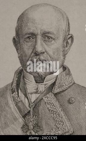 Ramón María Narváez (1799-1868). 1. Herzog von Valencia. Spanischer General und Politiker. Der Führer der gemäßigten Partei während der Regierungszeit von Isabella II. Von Spanien, sieben Mal zwischen 1844 und 1868. Hochformat. Zeichnung von José Cuevas. Lithographie. Details. "Historia de la Guerra Civil y de los Partidos Liberal y Carlista" (Geschichte des Bürgerkriegs und der liberalen und karlistischen Parteien). Band V. 1869. Stockfoto