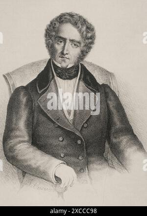 Juan Alvarez de Mendizábal (1790-1853). Spanischer Politiker und Finanzier, der in der spanischen liberalen Revolution große Bedeutung hatte. Im Juli 1835 wurde er vom Grafen von Toreno zum Finanzminister ernannt, von dem er die Beschlagnahme der Besitztümer der katholischen Kirche förderte. Hochformat. Zeichnung von José Cuevas. Lithographie. Historia de la guerra Civil y de los partidos liberal y carlista (Geschichte des Bürgerkriegs und der liberalen und karlistischen Parteien), von Antonio Pirala. Band II. Madrid, 1868. Stockfoto