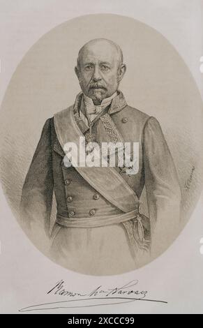 Ramón María Narváez (1799-1868). 1. Herzog von Valencia. Spanischer General und Politiker. Der Führer der gemäßigten Partei während der Regierungszeit von Isabella II. Von Spanien, sieben Mal zwischen 1844 und 1868. Hochformat. Zeichnung von José Cuevas. Lithographie. "Historia de la Guerra Civil y de los Partidos Liberal y Carlista" (Geschichte des Bürgerkriegs und der liberalen und karlistischen Parteien). Band V. 1869. Stockfoto