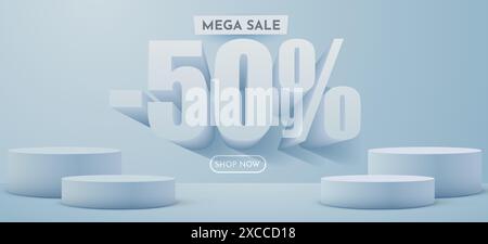 50 % Rabatt. Rabatt auf kreative Komposition. Produktpräsentation, Modell, Podium. Werbebanner und Poster. Vektorgrafik. Stock Vektor