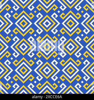 Nahtloses Muster mit blauem und gelbem griechischen Schlüssel, ethnischer Kunststil, Design-Grafik perfekte quadratische Formen. Abstrakter geometrischer Hintergrund, perfekt für fa Stock Vektor
