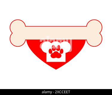 Hundeknochen-Logo. Rosafarbener Knochen, Hundeabdruck und Kochmütze. Vektor-Clipart auf klarem weißem Hintergrund. Stock Vektor