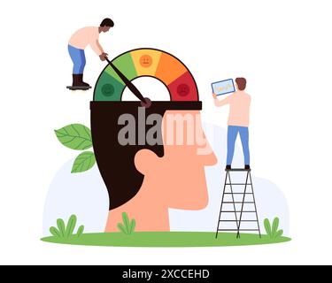 Stressmanagement und -Kontrolle. Winzige Leute reduzieren den Druck, Angst und Depressionen Problem von schlechter zu guter Stimmung auf Tachometerskala innerhalb der offenen menschlichen Kopf Cartoonvektor Illustration Stock Vektor