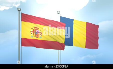3D-Flagge von Spanien und Tschad auf blauem Himmel mit Sonnenschein Stockfoto