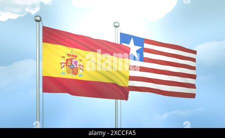 3D-Flagge von Spanien und Liberia am blauen Himmel mit Sonnenschein Stockfoto