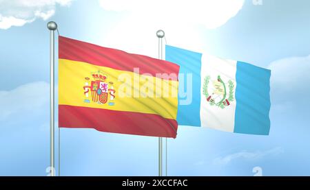 3D-Flagge von Spanien und Guatemala auf blauem Himmel mit Sonnenschein Stockfoto