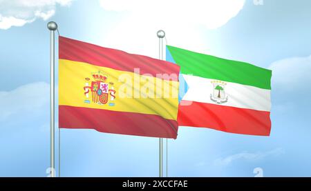 3D-Flagge von Spanien und Äquatorialguinea auf blauem Himmel mit Sonnenschein Stockfoto