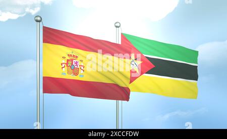 3D-Flagge von Spanien und Mosambik auf blauem Himmel mit Sonnenschein Stockfoto