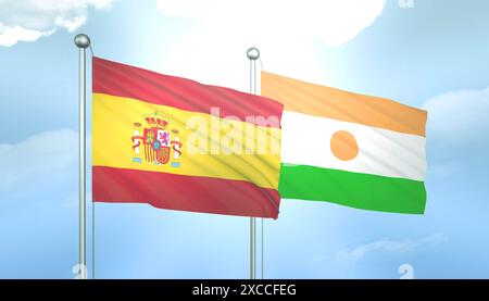 3D-Flagge von Spanien und Niger am blauen Himmel mit Sonnenschein Stockfoto