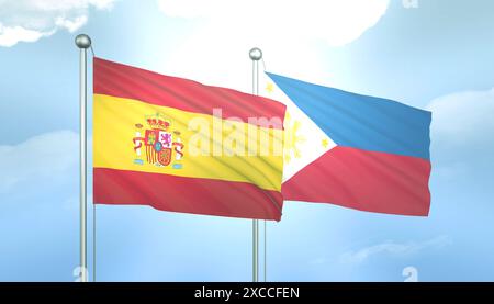 3D-Flagge Spaniens und der Philippinen am blauen Himmel mit Sonnenschein Stockfoto