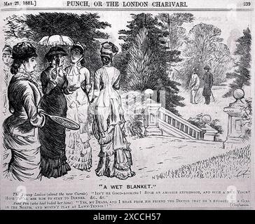 Eine schwarz-weiße Karikatur aus Punch, OR, The London Charivari, zeigt eine Gruppe von Frauen, die über einen Gentleman tratschen. Die Frauen tragen lange, fließende Kleider und stehen im Garten. Der Gentleman steht oben auf einer Treppe und blickt auf die Frauen. Die Überschrift lautet: A Wet Blanket?, was darauf hindeutet, dass die Frauen über die negativen Auswirkungen der Herren auf ihre gesellschaftliche Zusammenkunft diskutieren. Stockfoto