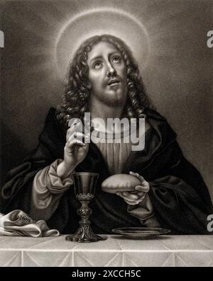 Ein Stippelstich, der Jesus Christus darstellt, der Brot und Wein hält, basierend auf einem Gemälde von Carlo Dolci. Der Stich stammt von A. Cardon und stammt aus dem Jahr 1811. Stockfoto