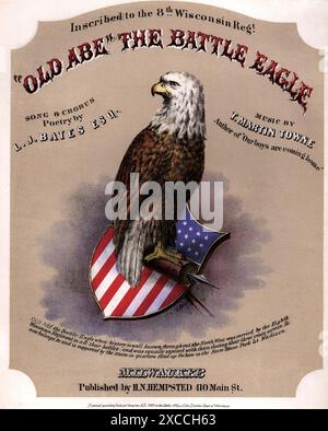 Dieses Notenbuch zeigt einen majestätischen Weißkopfseeadler, den Spitznamen Old Abe, auf einem Schild mit der amerikanischen Flagge. Es war ein populäres Lied während des Bürgerkriegs, das an das tapfere 8. Wisconsin Regiment und ihr Maskottchen, den Adler, erinnert. Stockfoto