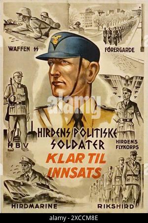 Ein norwegisches Propaganda- und Rekrutierungsplakat kämpfte mit den Deutschen während des Zweiten Weltkriegs. Der Slogan lautet: Die Soldaten der Politiker des Hirten, die bereit sind, zu handeln. Stockfoto