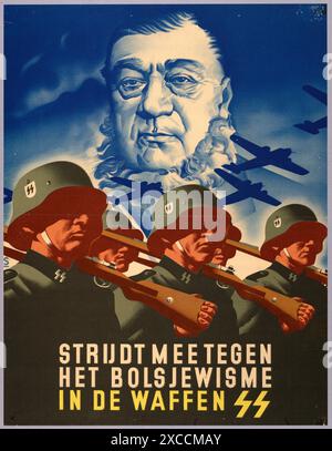 Ein niederländisches Rekrutierungsplakat für die Waffen-SS. Es zeigt marschierende Soldaten und ein Porträt des südafrikanischen Präsidenten Kruger. Der Slogan lautet: Alles wird gut. Nehmen Sie Teil am Kampf gegen den Bolschewismus in der Waffen-SS Stockfoto