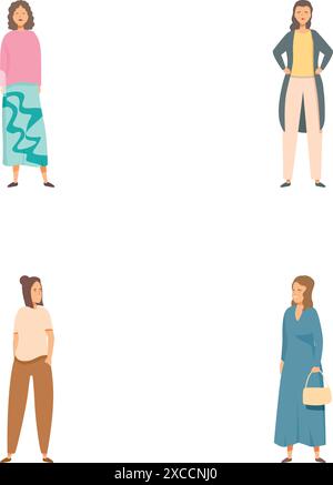Kollektion von vier Frauen mit verschiedenen Outfits und Haltungen im flachen Design Stock Vektor