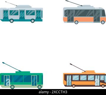 Sammlung von vier verschiedenen Oberleitungsbussen, die für öffentliche Verkehrskonzepte geeignet sind Stock Vektor