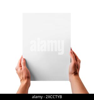 Halten Sie A4-Papier mit Hand isoliert auf weißem Hintergrund Stockfoto