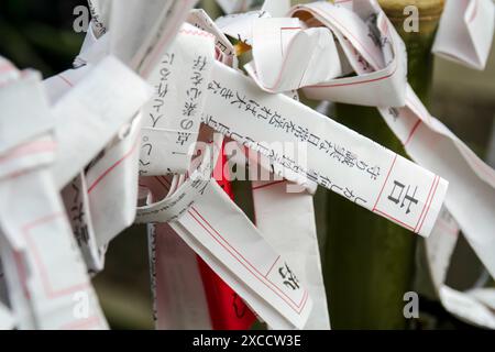 Papiere, die verschiedene Glückswünsche zeigen, in japanischer Schrift in Schwarz auf weißem Papier mit roten Akzenten, in einem Knoten an einem Seil in Hanazon gebunden Stockfoto