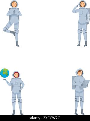 Sammlung von vier Cartoon-Astronauten-Charakteren in verschiedenen Aktionen und mit raumgreifenden Objekten Stock Vektor