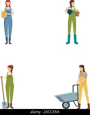 Sammlung von Vektorillustrationen von Frauen in Gartenarbeit mit Pflanzen und Geräten Stock Vektor