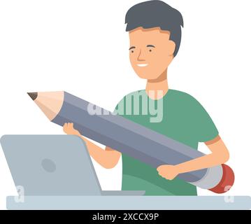 Junger Mann, der an einem Laptop arbeitet und einen großen Bleistift hält, kreative Arbeit, Bildung, Online-Lernkonzept Stock Vektor