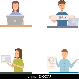 Illustration of four diverse professionals engaged in computer work and document review Stock Vektor