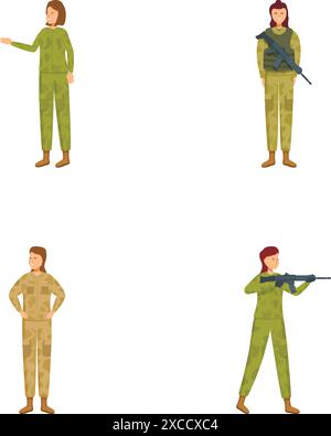 Set aus vier Illustrationen, die Soldaten in verschiedenen Uniformen und Haltungen darstellen Stock Vektor