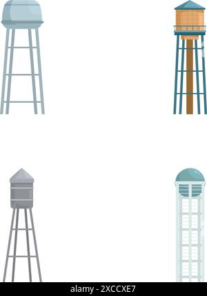 Sammlung von vier isolierten Wasserturm-Ikonen in flachem Design Stock Vektor