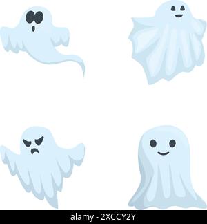 Sammlung von niedlichen und verspielten Zeichentrickgeistern für halloween-Dekorationen mit freundlichen und gruseligen Charakteren mit einer Vielzahl von emotionalen Ausdrücken Stock Vektor