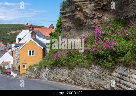 Staithes, ein hübsches Fischerdorf an der Küste von North Yorkshire, England, mit gewundenen Kopfsteinpflasterstraßen an einem steilen Hang Stockfoto