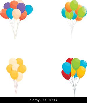 Satz von vier Vektorillustrationen mit Gruppen von bunten Partyballons Stock Vektor