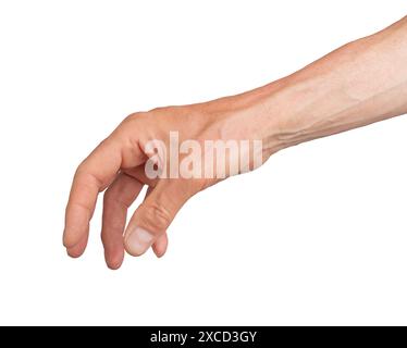 Nehmen und Greifen, Handgeste, Schild isoliert auf weißem Hintergrund. Stockfoto