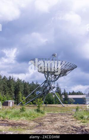 Ansicht des Westerbork Synthese Radio Telescope (WSRT) entlang des nationalen Gedenklagers in Westerbork in der Provinz Drenthe in den niederlanden. Stockfoto