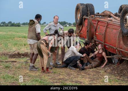 GLEN POWELL, SASHA LANE, ANTHONY RAMOS UND DAISY EDGAR-JONES IN TWISTERS (2024) UNTER DER REGIE VON LEE ISAAC CHUNG. Quelle: Amblin Entertainment/The Kennedy/Marshall Company/Universal Pictures/Warner Bros./Lightnin' Production Rentals/Album Stockfoto
