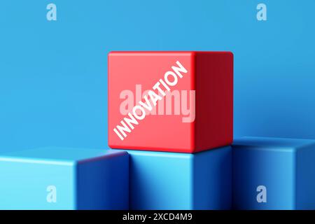 Innovation und Kreativität in der Wirtschaft. Das Wort Innovation auf bunten Würfeln mit blauem Hintergrund. 3D-Rendering. Stockfoto