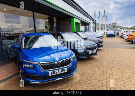 Skoda-Autos auf dem Vorplatz zum Verkauf beim Händler in Cardiff, Wales, Großbritannien Stockfoto