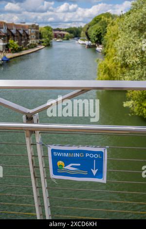 Warnschilder für Rohabwasser, Nr Thames Water Head Office, Christchurch Bridge, River Thames, Reading, Berkshire, England, Großbritannien, GB. Stockfoto