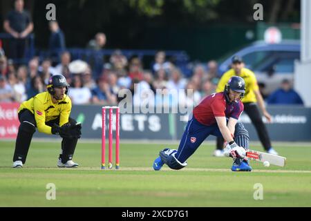 Canterbury, England. Juni 2024. Sam Billings während der Vitalitätsexplosion zwischen Kent Spitfire und Gloucestershire am Spitfire Ground in St. Lawrence in Canterbury. Kyle Andrews/Alamy Live News. Stockfoto