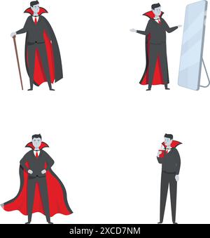 Set aus vier stilvollen Vampirillustrationen in verschiedenen Posen, perfekt für Hallowethed-Designs Stock Vektor