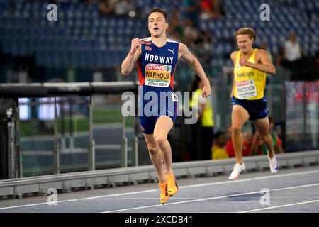 Karsten Warholm aus Norwegen tritt am 11. Juni 2024 im Finale der Leichtathletik-Europameisterschaft über 400 m im Olimpico-Stadion in Rom (Italien) an. Karsten Warholm gewann die Goldmedaille als erster. Stockfoto