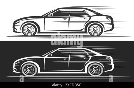 Vektor-Logo für Limousine, horizontale Automobil-Banner mit einfacher Konturillustration des monochromen eleganten Konzeptfahrzeugs in beweglichem, dekorativem Lauf Stock Vektor