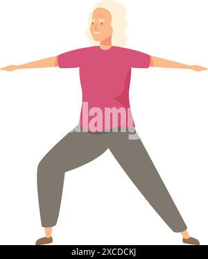 Eine ältere Frau dehnt ihre Beine und Arme, während sie Yoga übt Stock Vektor